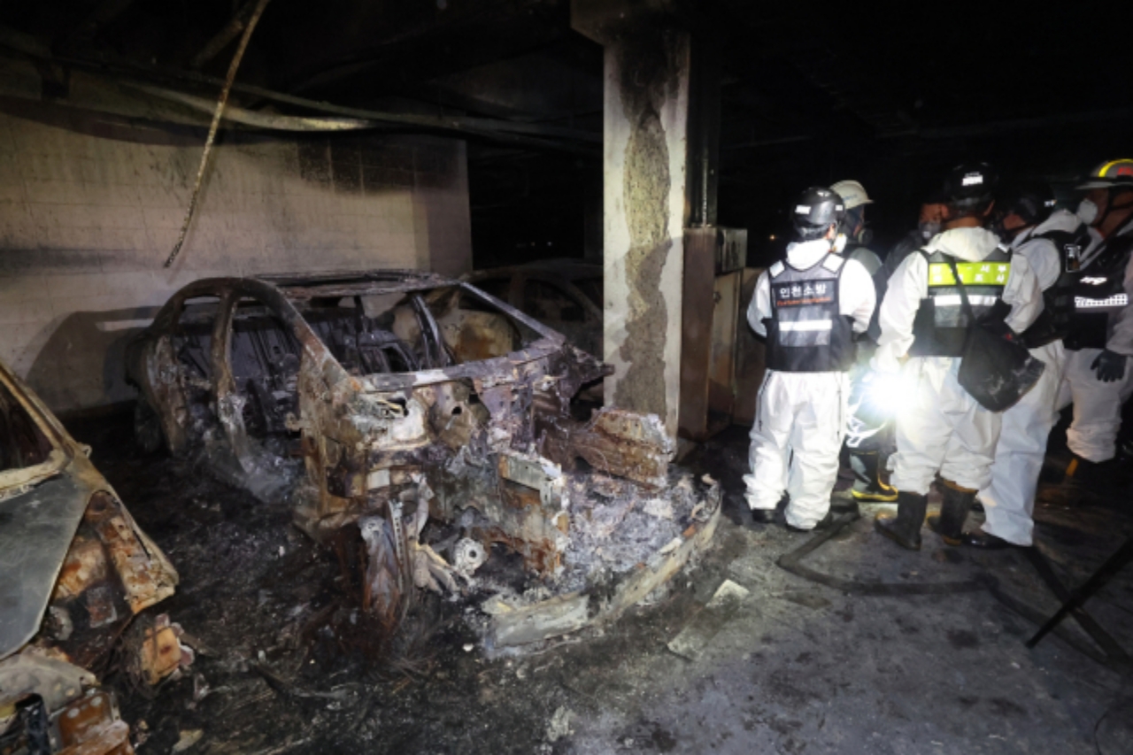  청라 아파트 지하 주차장 화재에 전소된 차량 (/진=연합뉴스