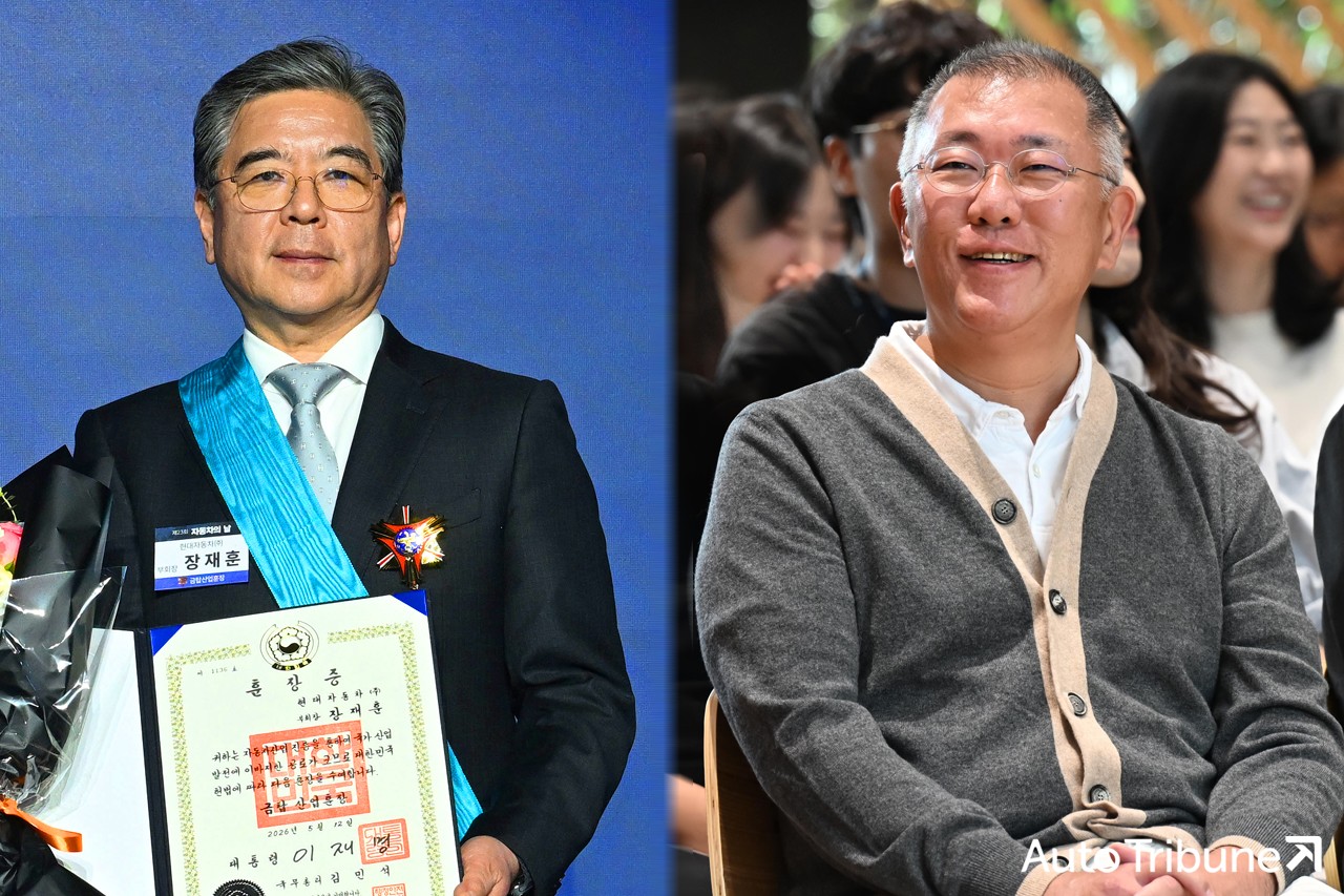 제23회 자동차의 날에 한국 산업 부문 최고의 '금탑산업훈장'을 수훈한 현대차그룹 장재훈 부회장과 최근 양재사옥 타운홀 미팅에 참석한 정의선 회장 /사진=현대차그룹