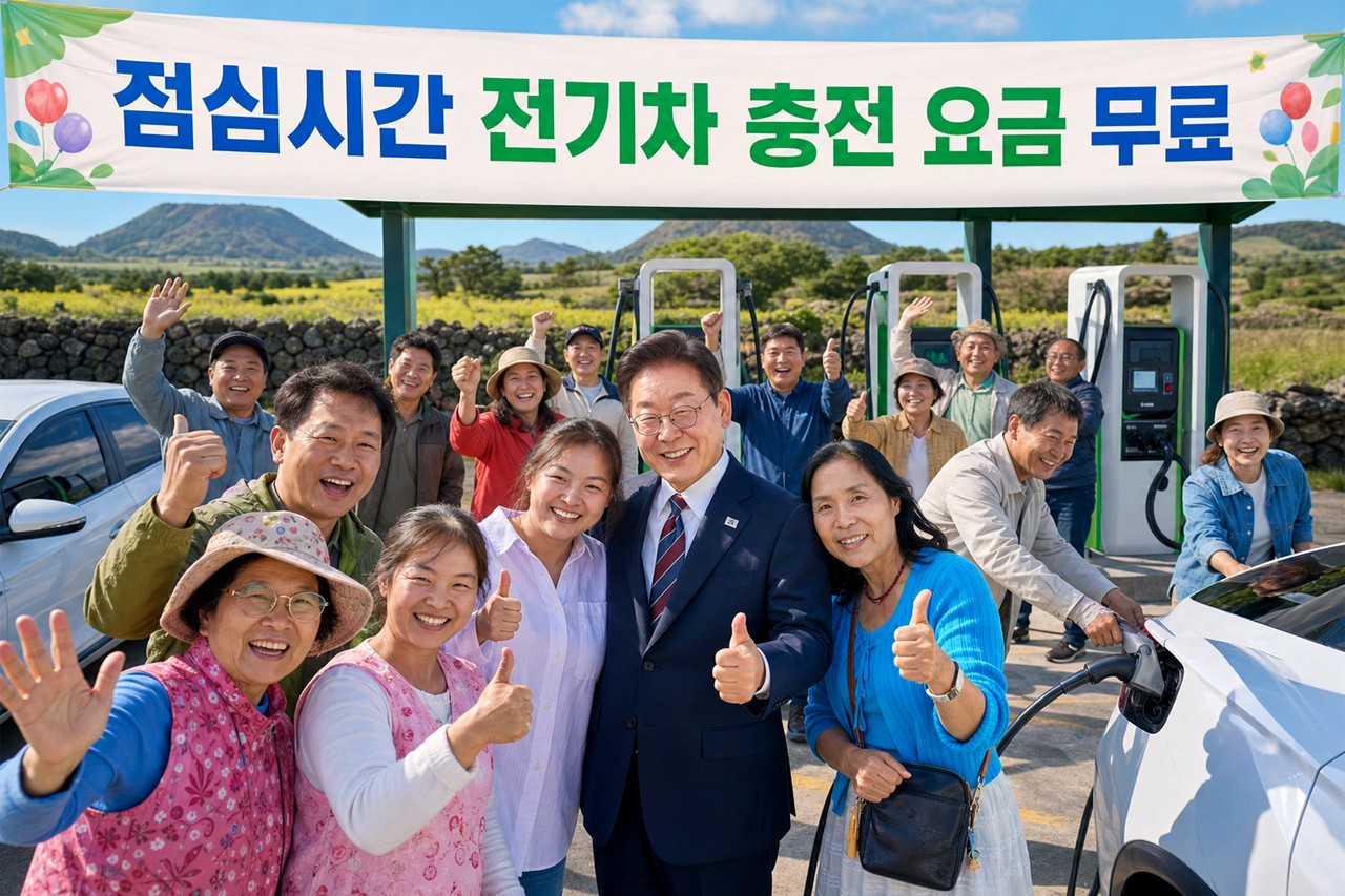 전기차 충전 요금을 제로에 가깝게 운영하자고 제안한 이재명 대통령과 시민들. 기사 이해를 돕기 위한 AI이미지 /제작=오토트리뷴