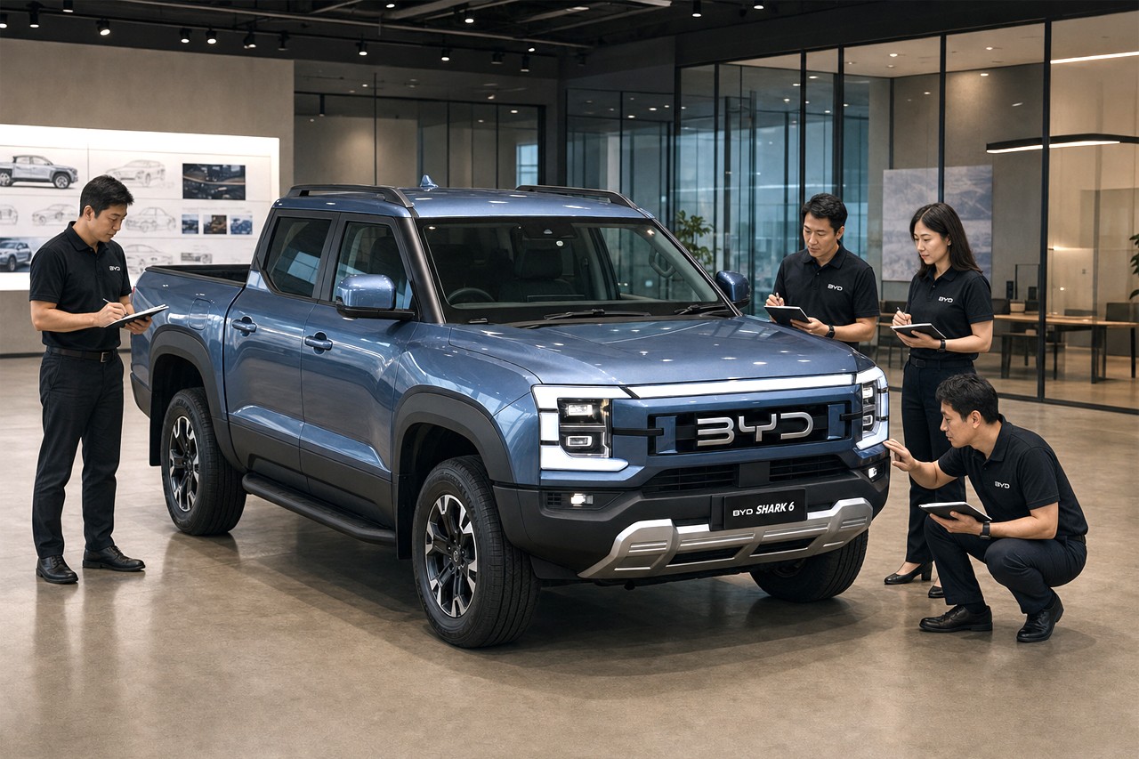 PHEV 픽업트럭 샤크 6를 검토 중인 한국 BYD 직원들. 기사 이해를 돕기 위한 생성형 이미지 /제작=오토트리뷴