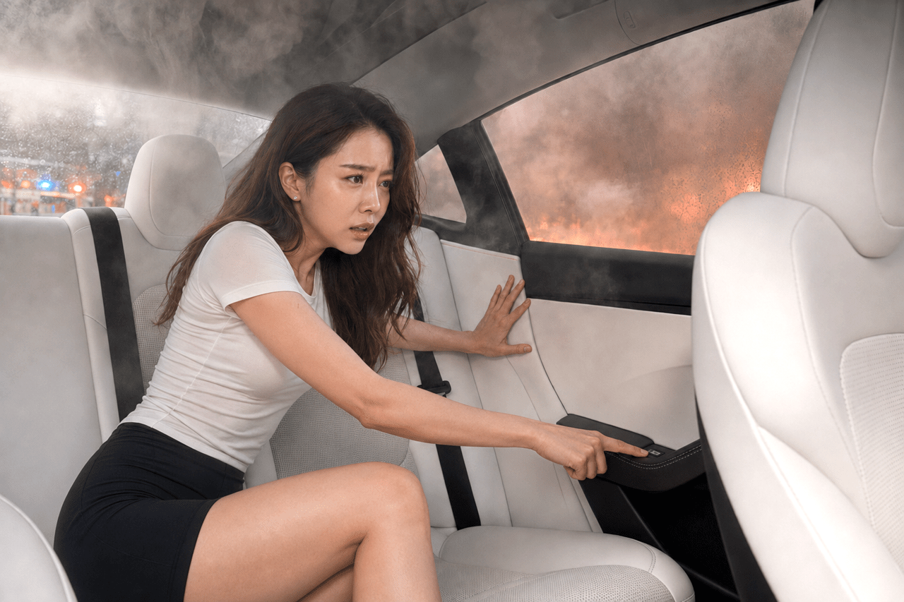 화재가 발생한 위급한 상황에도 테슬라 모델 3 실내에서 문이 제대로 열리지 않는 모습을 재현한 생성형 이미지 /제작=오토트리뷴