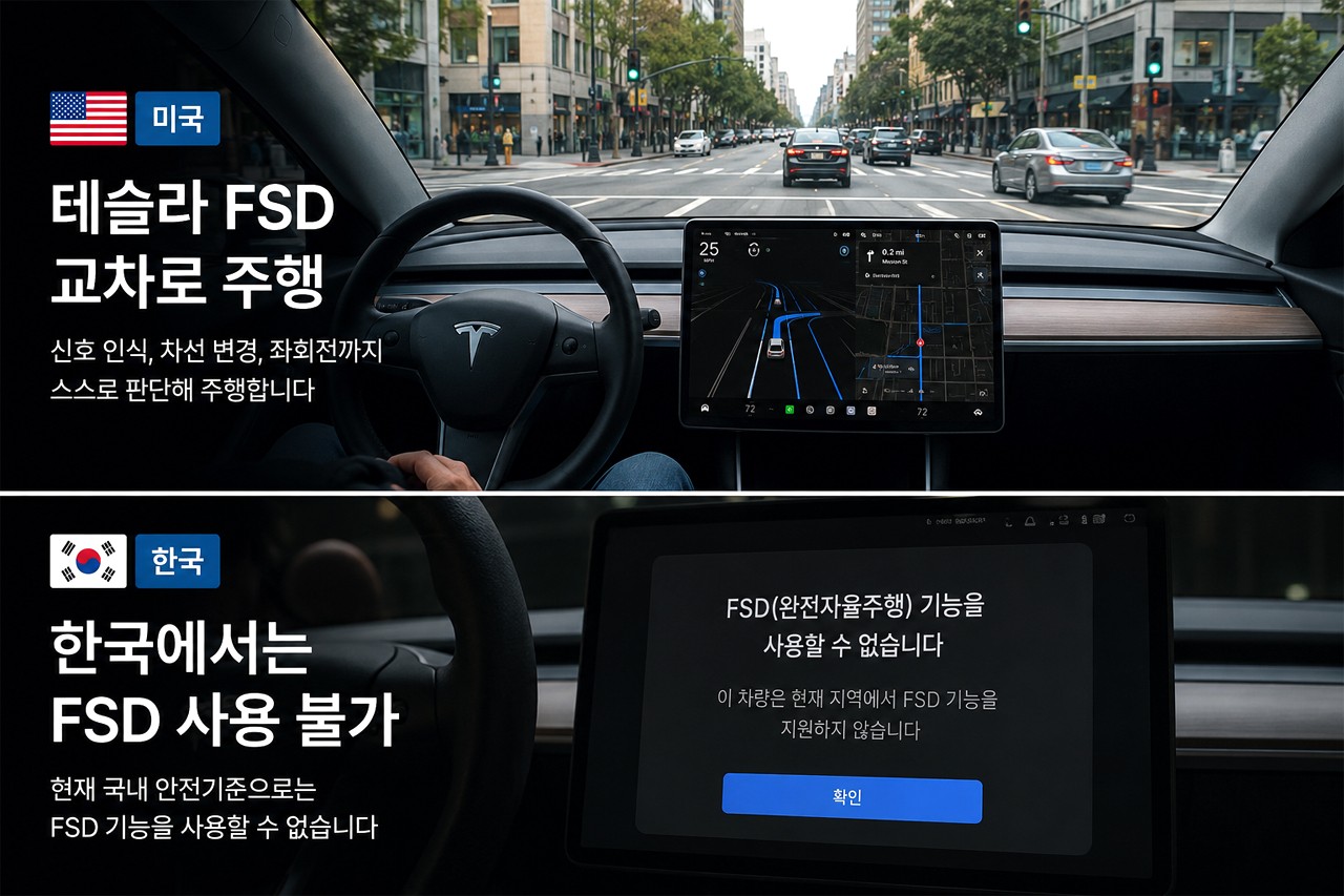 한국에서는 FSD가 미국 생산 물량에 한해서만 열려 있고, 대부분 불가능하다. /제작=오토트리뷴