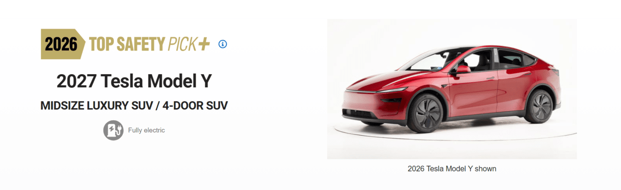 테슬라 모델 Y 2026 '톱 세이프티 픽 플러스(Top Safety Pick+)' 획득 /사진=IIHS