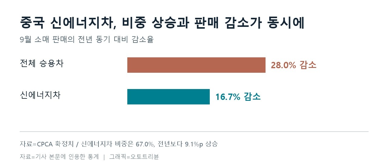 중국 신에너지차, 비중 상승과 판매 감소가 동시에